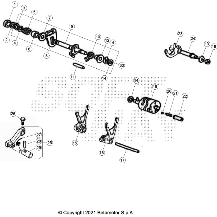 VUE ECLATEE COMMANDE BOÎTE A VITESSES BETA MOTARD 50 RR WHITE SPORT 2025